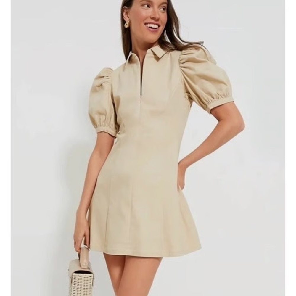 Chic Beige Puff Sleeve Mini Dress